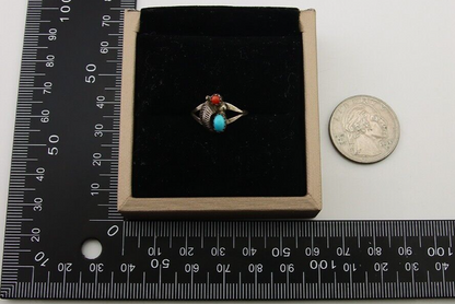 Navajo Handmade Ring 925 Silver Turquoise & Coral Native Artist C.80's