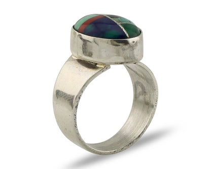 Zuni Inlaid Ring 925 Silver Mixed Natural Gemstones Native American Artist C.80s