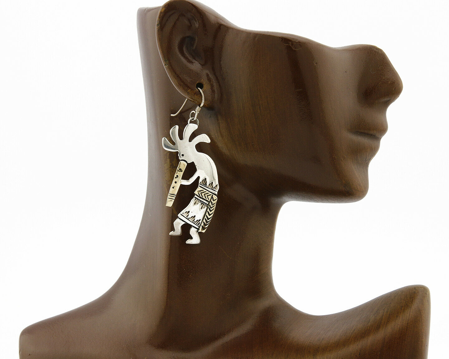 Navajo Dangle Earrings .925 Silver & 14k Solid Yellow Gold Kokopelli Signed RT