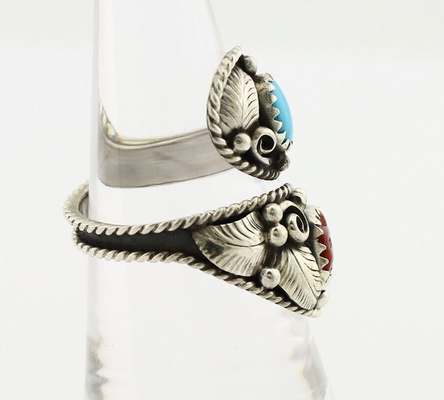 Navajo Adjustable Ring 925 Silver Turquoise & Coral Artist Signed Gecko C.80's