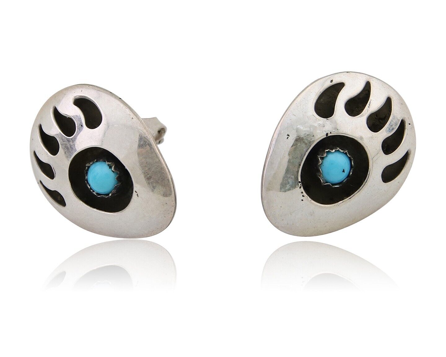 Navajo Paw Earrings 925 Silver Natural Turquoise Native American Artist C.80s