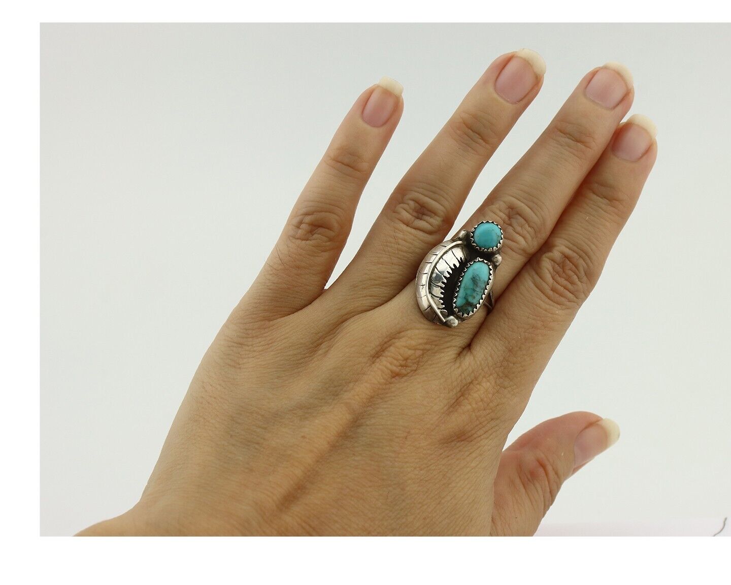 Navajo 2 Stone Ring 925 Silver Kingman Turquoise Native American Artist C.80's