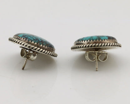 Navajo Earrings 925 Silver Spiderweb Turquoise Artist Signed RB C.80's