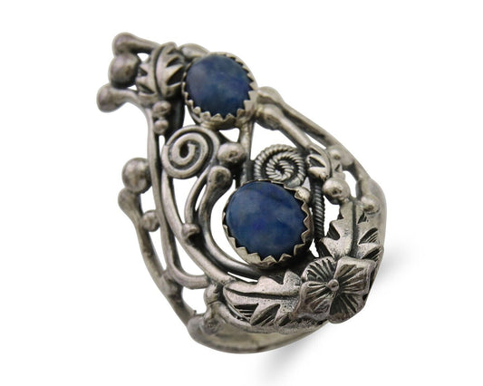 Navajo Ring 925 Silver Natural Denim Lapis Artist Signed Prairie Fire C.80's