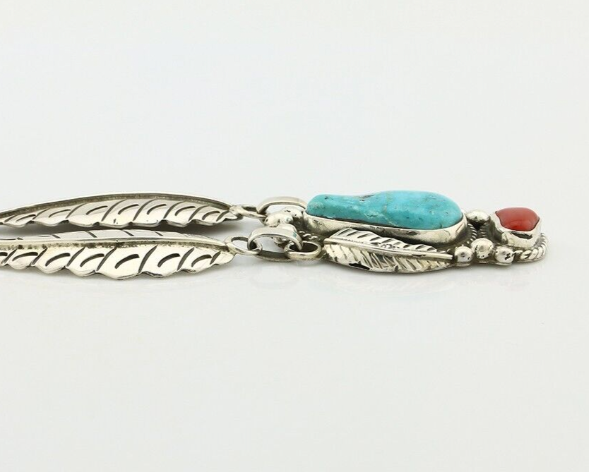Navajo Necklace 925 Silver Turquoise & Coral Artist Signed Rabbit Stick C.2008
