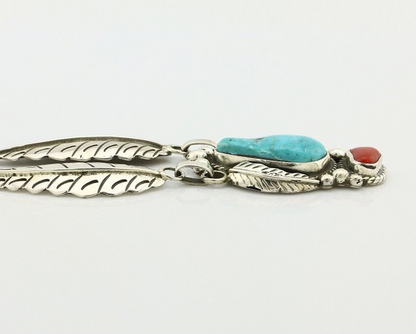 Navajo Necklace 925 Silver Turquoise & Coral Artist Signed Rabbit Stick C.2008