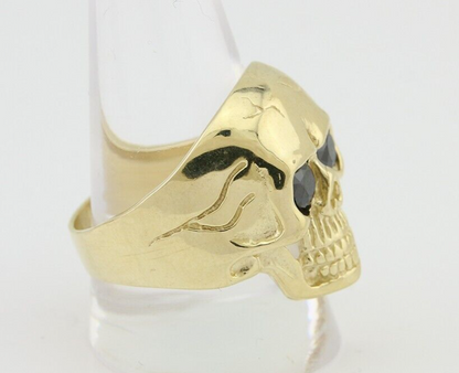 Men 14k SOLID Gold Skull Ring Black Glass Eyes Size 12