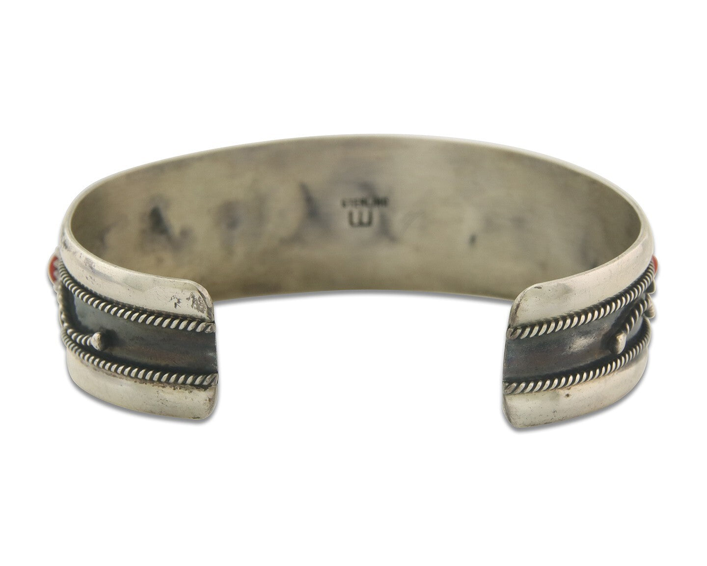 Navajo Bracelet 925 Silver Coral & Turquoise Cuff Signed E C.80's