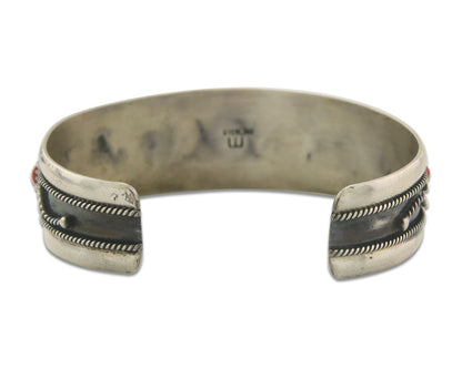 Navajo Bracelet 925 Silver Coral & Turquoise Cuff Signed E C.80's