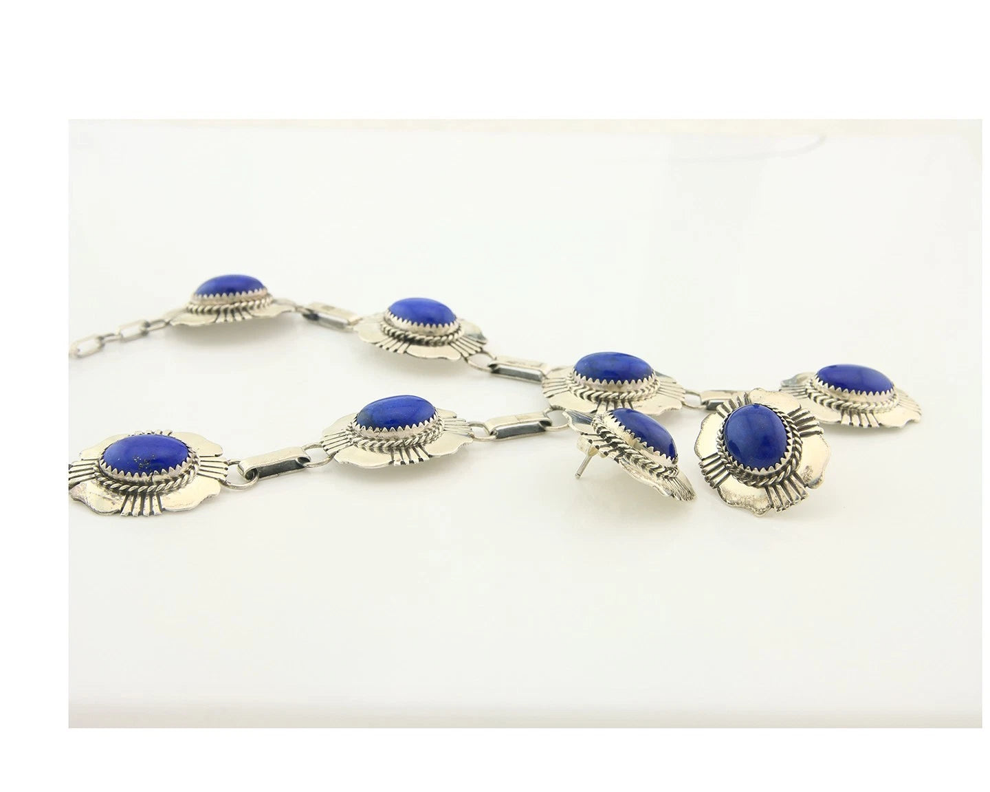 Navajo Necklace Earring Set Sterling Silver Lapis Vintage Signed W Denetdale