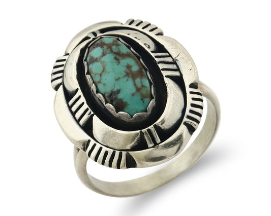 Vintage Navajo Ring 925 Sterling Silver Authentic Turquoise Signed LM Nez Sz 8.0