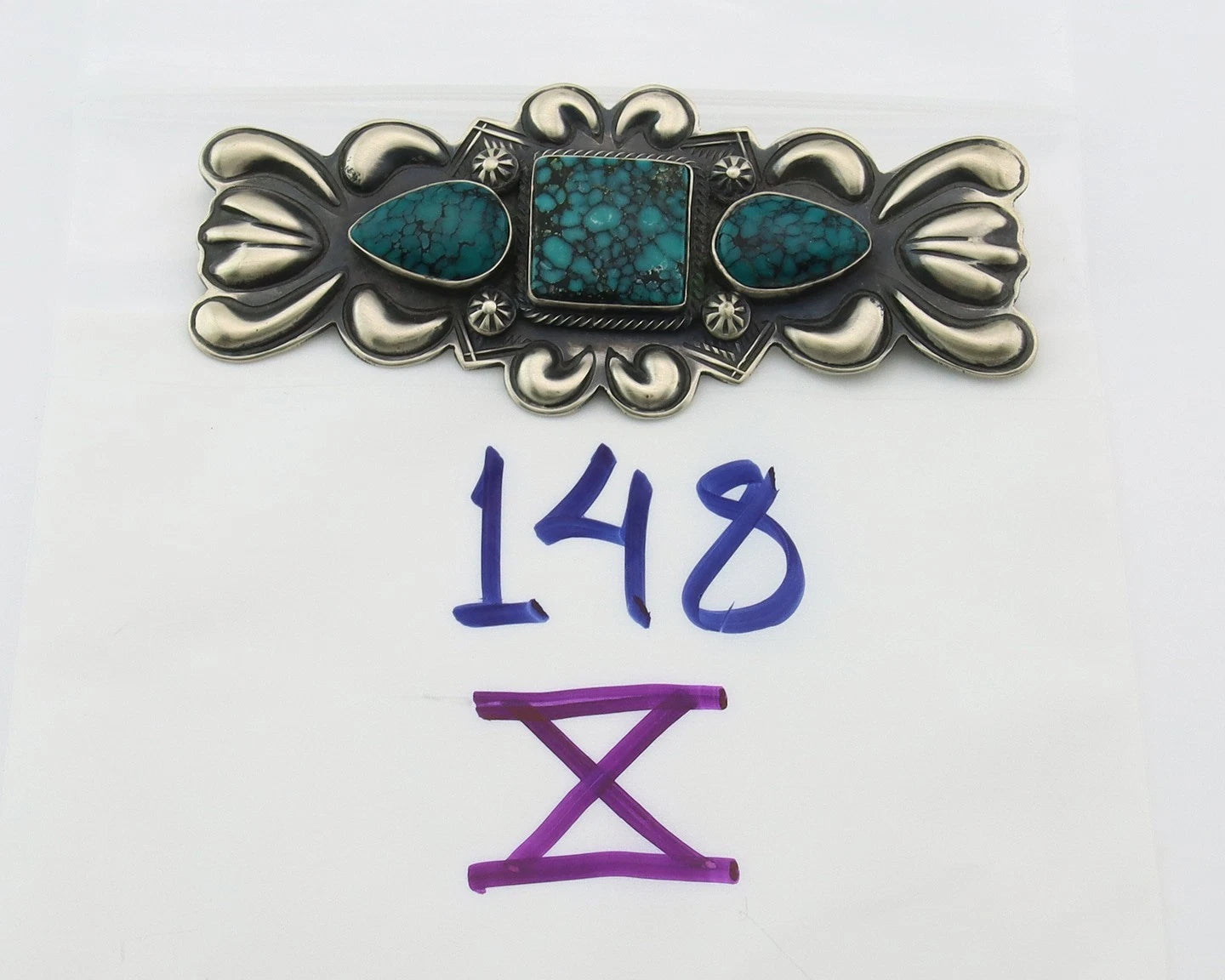 Navajo Handmade Pin Sterling Silver Turquoise Vintage Artist Signed PJ Begay