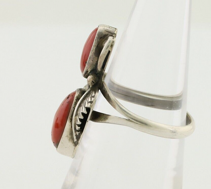 Navajo Ring 925 Silver Natural Mediterranean Coral Artist Signed A C.80's