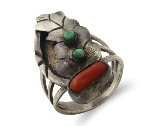 Vintage Zuni Ring 925 Sterling Silver Traditional Authentic Coral & Turquoise