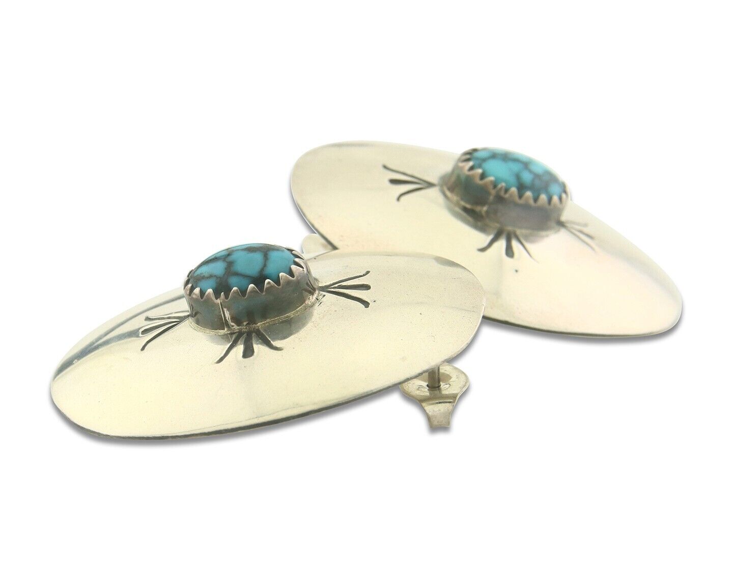 Navajo Earrings 925 Silver Handmade Concho Natural Turquoise Native Artist C80s