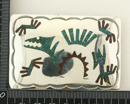 Vintage Navajo Belt Buckle 925 Silver Handmade Inlaid Gemstone Signed HB