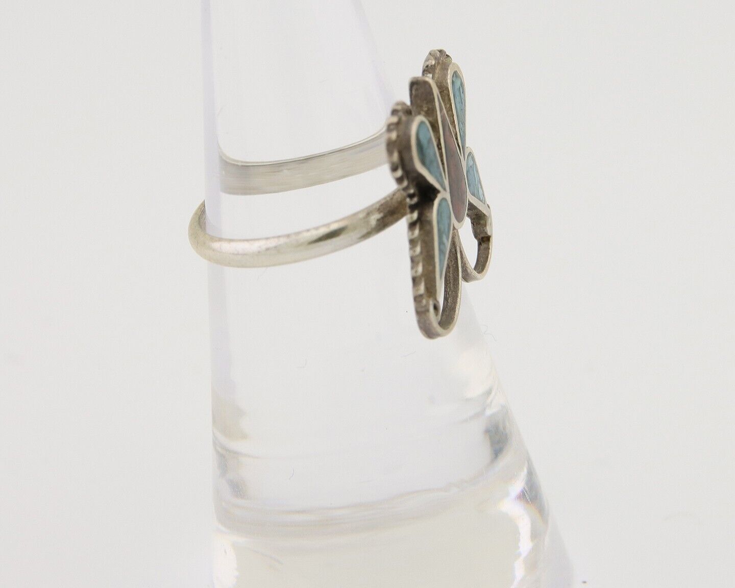 Navajo Handmade Butterfly Ring 925 Silver Coral & Turquoise Native Artist C.80's