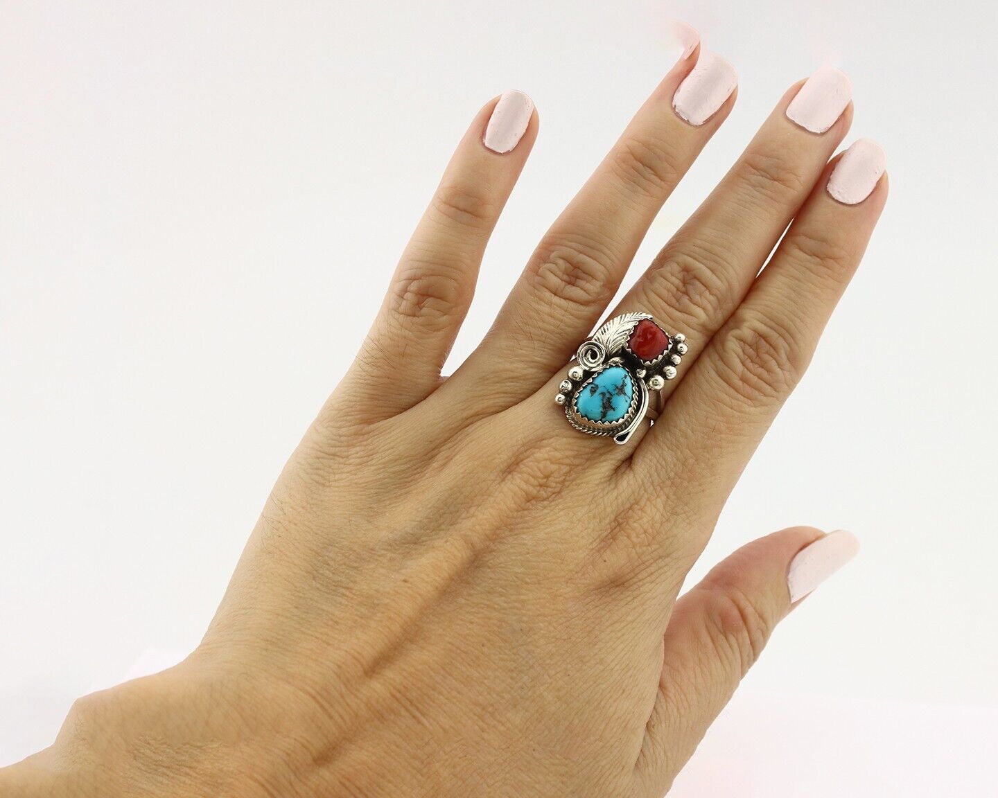 Navajo Ring .925 Silver Turquoise & Coral Artist Signed Justin Morris C.80's