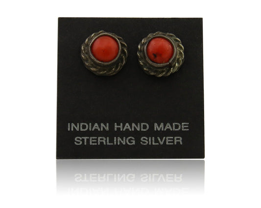 Navajo Earrings 925 Silver Natural Red Coral Native American Artist C.80's