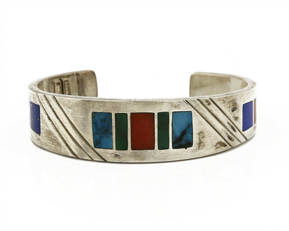 Early Artist David Freeland Inlaid Natural Gemstone .925 SOLID Silver Cuff