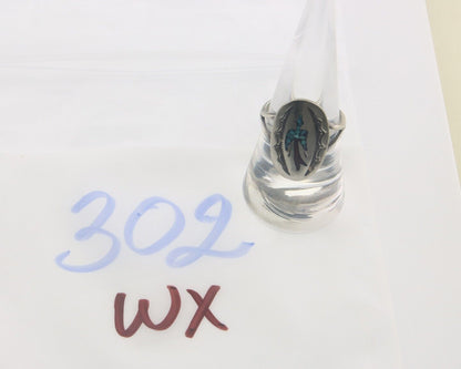 Navajo Ring 925 Sterling Natural Chip Inlay Coral & Turquoise C.80's Size 8.0