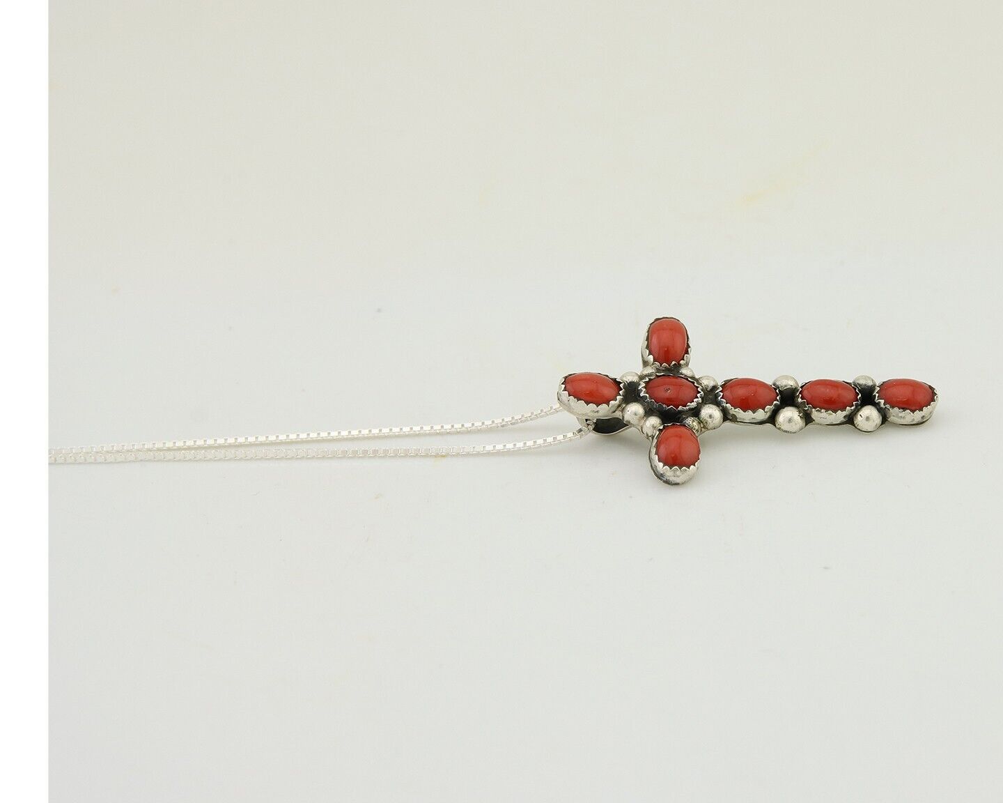 Navajo Cross Necklace 925 Silver Mediterranean Coral Native American Artist C80s