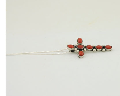 Navajo Cross Necklace 925 Silver Mediterranean Coral Native American Artist C80s