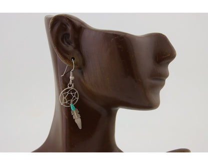 Navajo Dangle Dream Catcher Earrings 925 Silver Blue Turquoise Native Artist C80