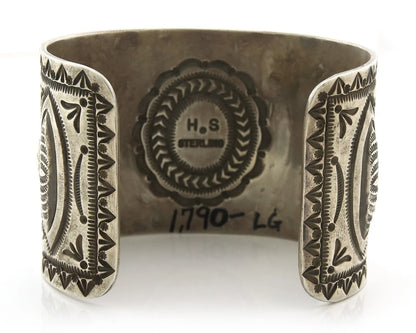 Large Navajo Cuff Bracelet Sterling Silver Turquoise Signed HS Vintage Handmade