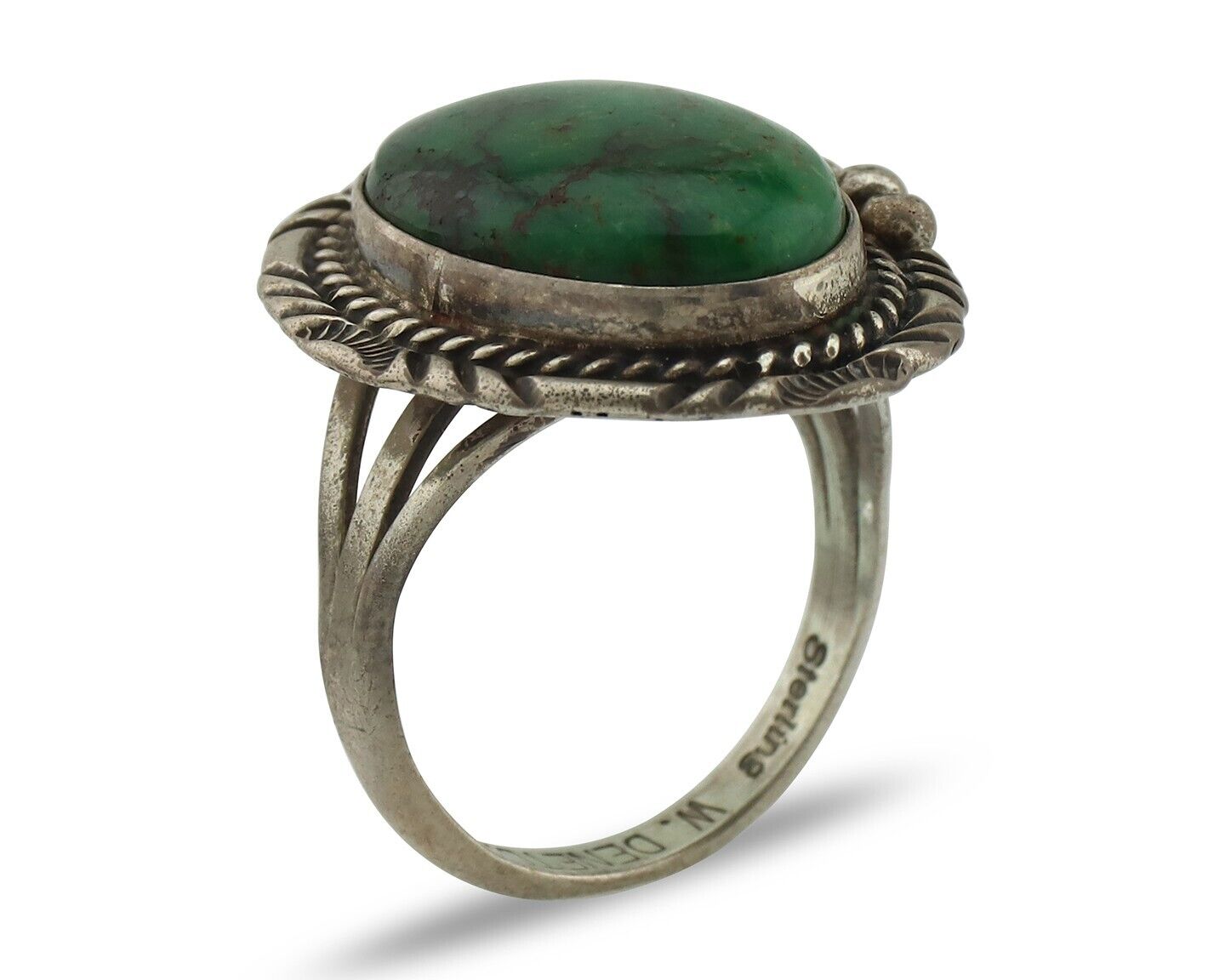 Navajo Ring 925 Silver Green Turquoise Artist Signed William Denetdale C.80's