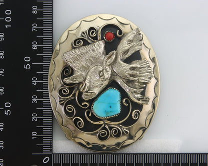 Navajo Belt Buckle .999 Nickel Buffalo Gemstone Signed 2.35 x 3.0 in C.80's