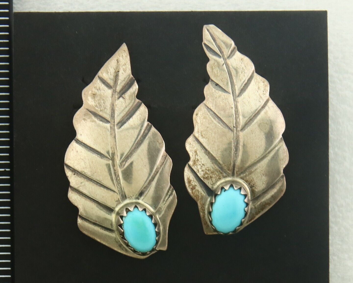 Navajo Earrings 925 Silver Natural Turquoise Artist Signed L-R JAKE C.80's