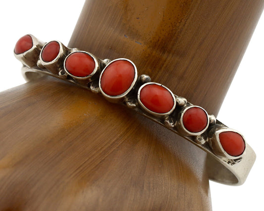 Navajo Bracelet .925 Silver Natural Red Coral Artist Signed Circle JW C.1980's