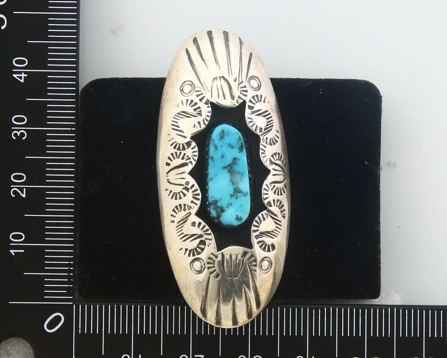 Navajo Ring 925 Sterling Turquoise Hand Stamped Signed J Martinez C.80's Sz 6.75