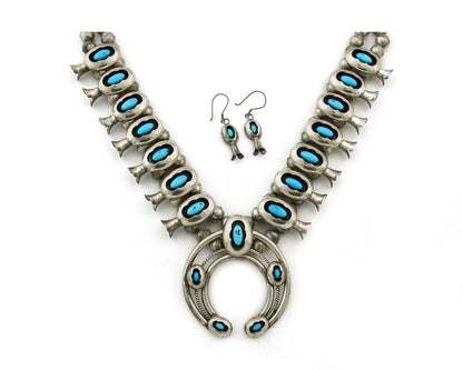 Navajo Squash Necklace Set Sterling Silver Turquoise Vintage Signed PG