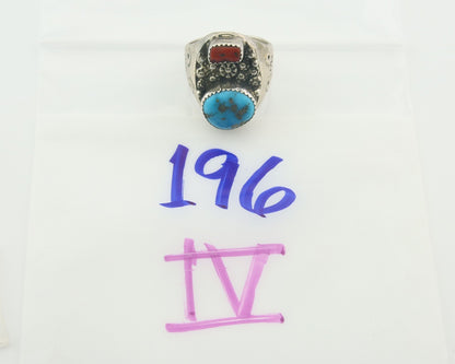 Men Heavy Navajo Ring 925 Sterling Natural Coral & Turquoise C.80's Size 11
