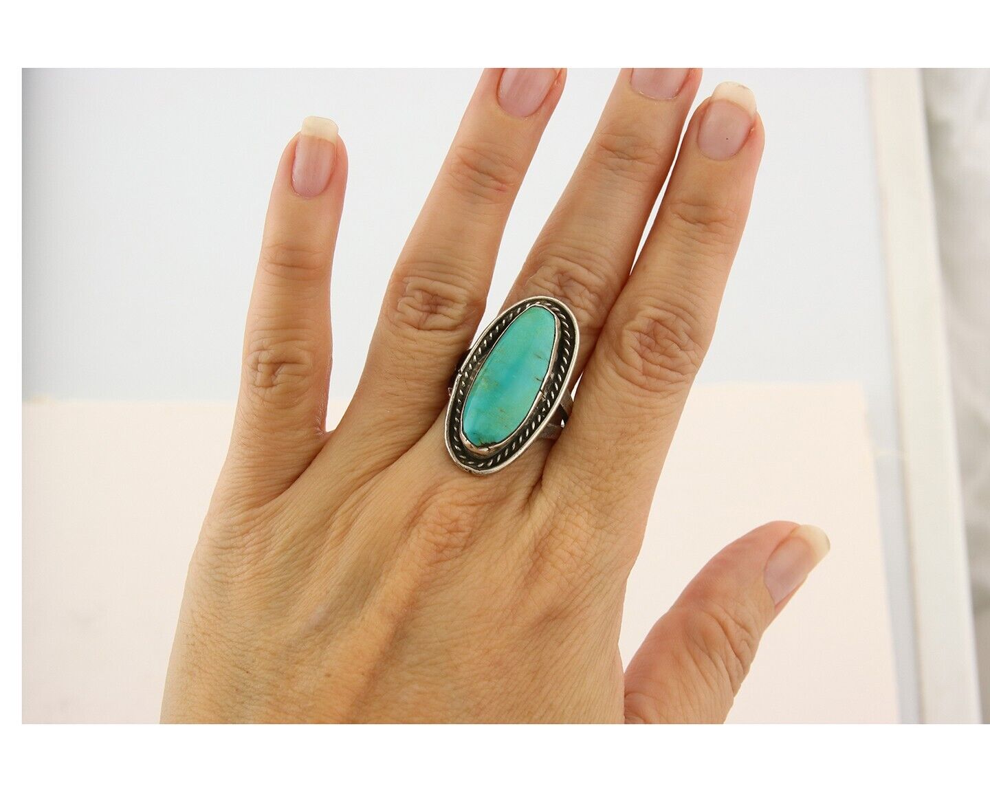 Navajo Ring 925 Sterling Natural Mined Turquoise Handmade C.80's Size 7.5