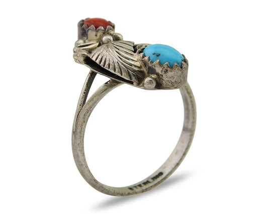 Navajo Handmade Ring 925 Silver Turquoise & Coral Native Artist C.80's