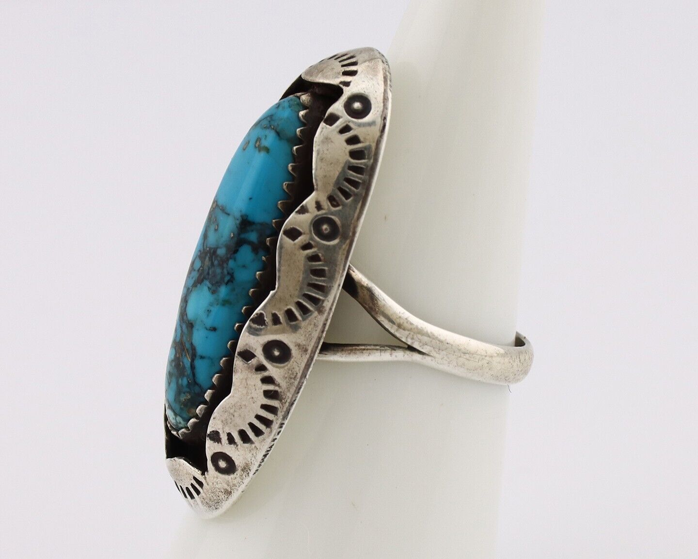 Navajo Ring 925 Silver Blue Spiderweb Turquoise Native American Artist C.80's