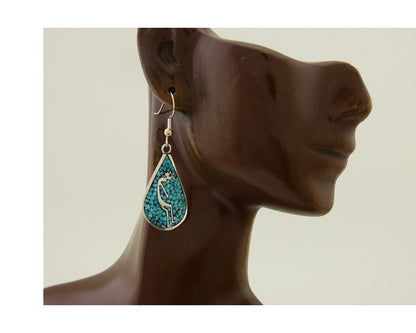 Navajo Kokopelli Earrings 999 Nickel Chip Inlay Turquoise Coral Native American