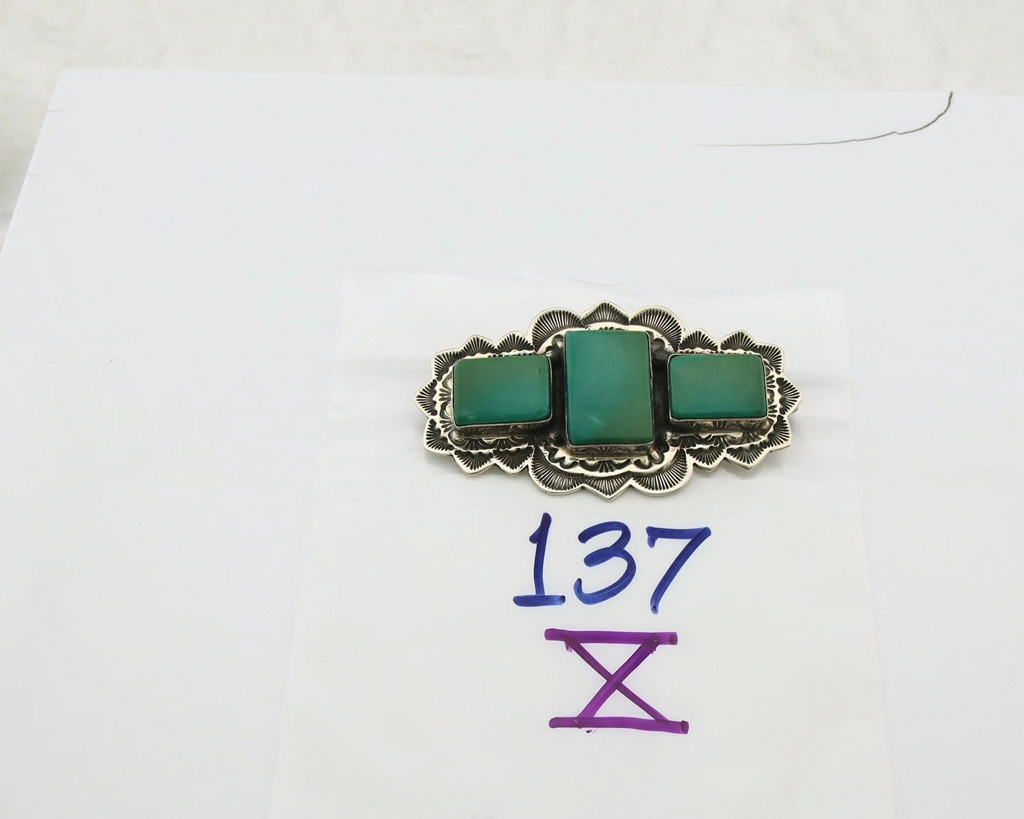 Navajo Handmade Pin Sterling Silver Turquoise Vintage Artist Signed B