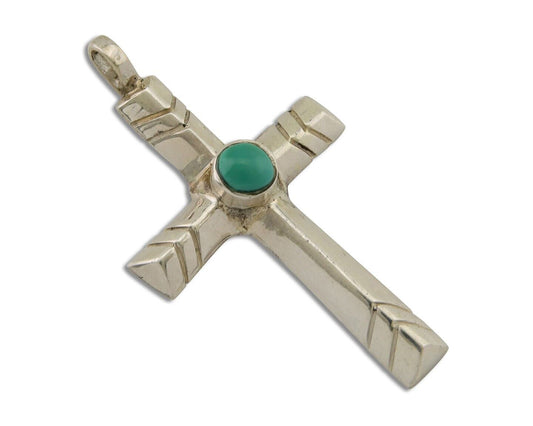 Navajo Sand Cast Cross Pendant 925 Silver Turquoise Artist Signed J Yazzie C.80s
