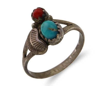 Navajo Handmade Ring 925 Silver Turquoise & Coral Native Artist C.80's