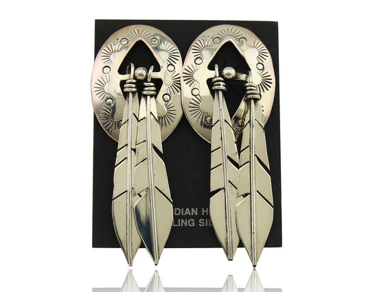 Navajo Feather Earrings 925 Silver Dangle Artist Signed DISHTA C.80's
