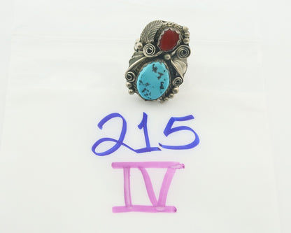 Navajo Ring 925 Sterling Natural Coral & Turquoise Signed JM C.80's Size 9.0
