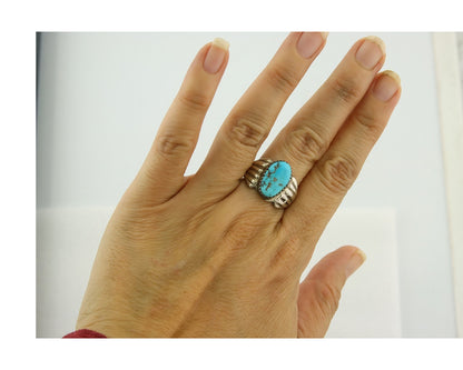 Vintage Navajo Ring 925 Sterling Silver Sand Cast Authentic Turquoise Size 7.5