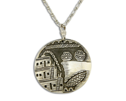 Unique Navajo Indian Puebla Scene Reversable Turquoise .925 Silver Pendant