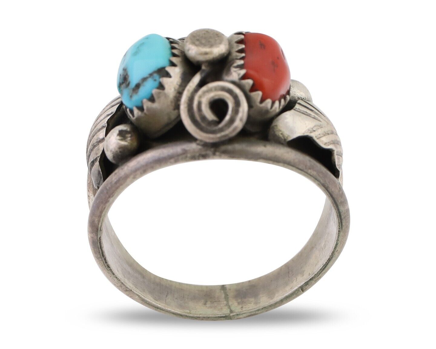 Navajo Ring 925 Silver Natural Coral Turquoise Natural American Artist C.80's