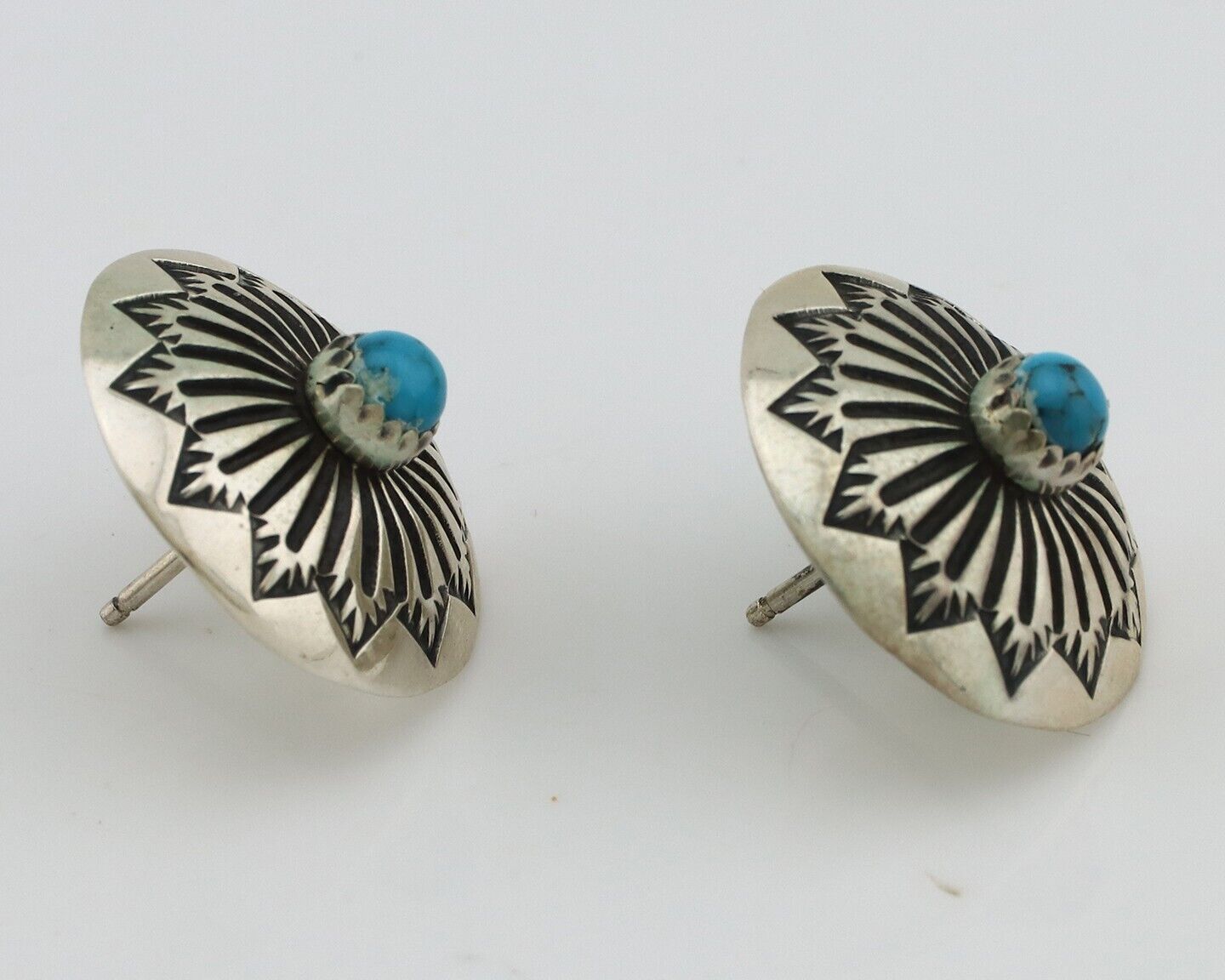 Navajo Hand Stamped Earrings 925 Silver Turquoise Native Artist C.80's