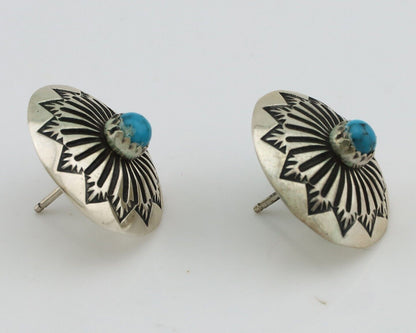 Navajo Hand Stamped Earrings 925 Silver Turquoise Native Artist C.80's